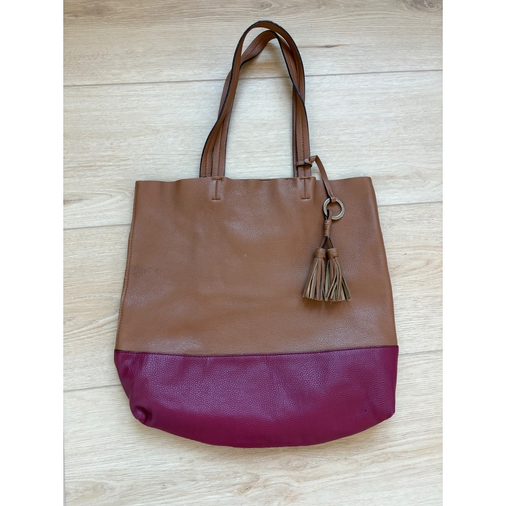 Sanctuary Two Tone Leather Tote Bag Burgundy Brown Tassel Accent